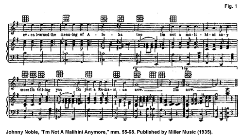 Fig 1: Johnny Noble, 'I'm Not A Malihini Anymore,' mm. 55-68. Published by Miller Music (1935).