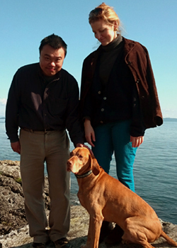 Dan and Melissa with Copper at Higgs Beach, South Pender Island, British Columbia